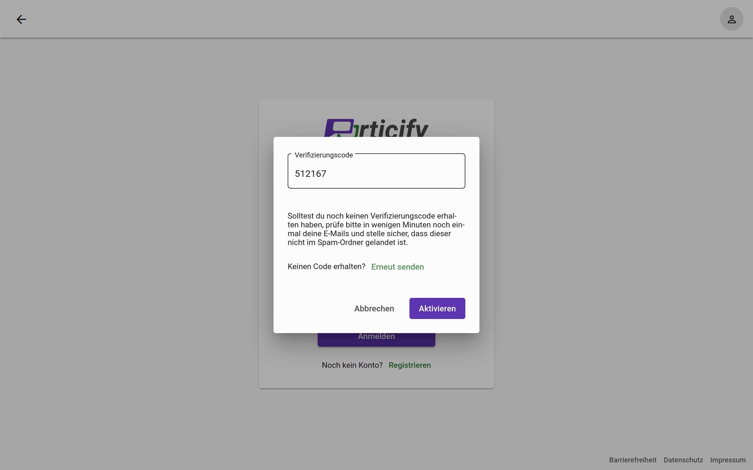 Freischaltung des Accounts mit Aktivierungsschlüssel