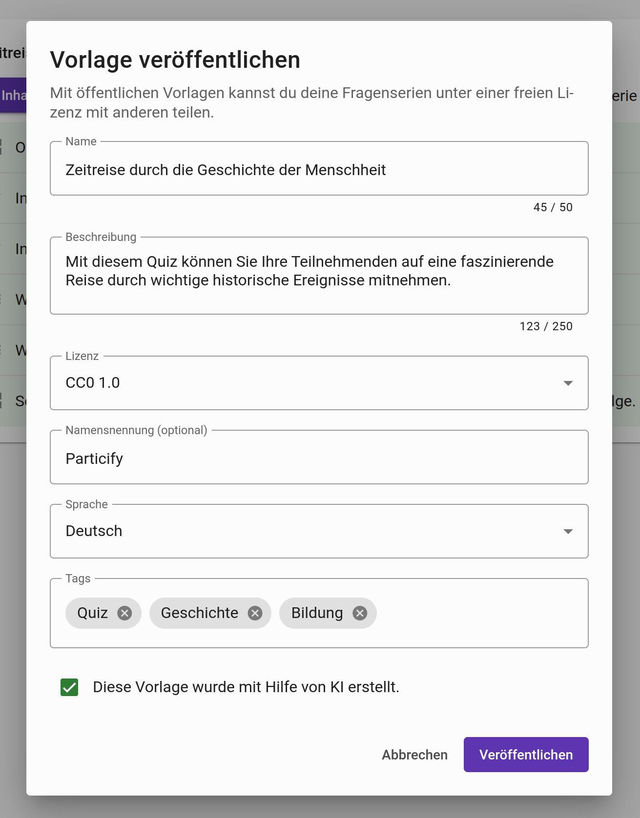 Veröffentlichen einer Fragenserien-Vorlage