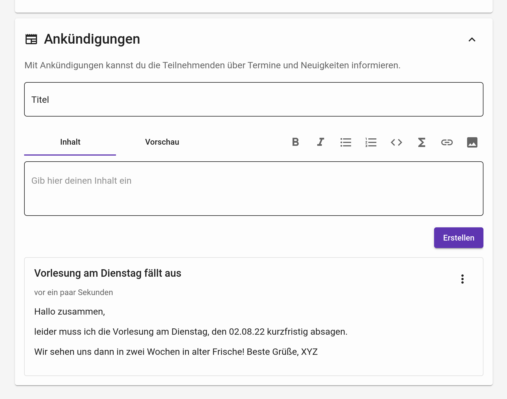Verwaltung von Ankündigungen